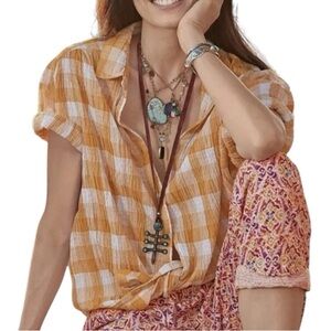 Sundance - Women's Top Lorna Gauze Lightweight Button Up Plaid Yellow Sz M